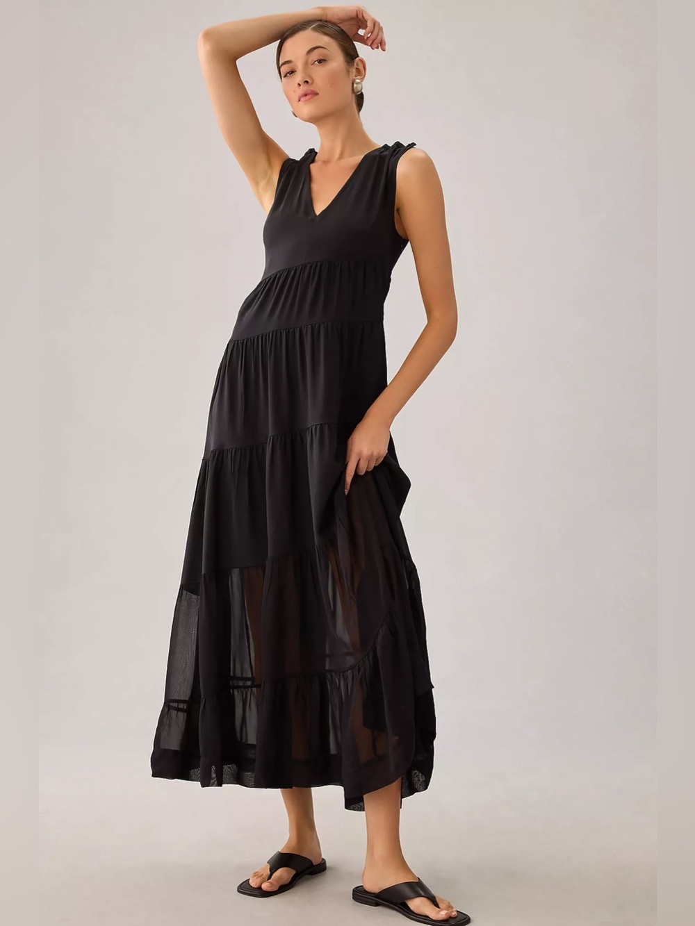 ANTHROPOLOGIE 14 Sleeveless Tiered Silk Dress in Black Sheer Asymmetrical Seams